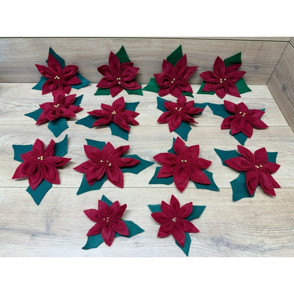 Vintage Handmade Felt Poinsettia Bows - Lot of 14 - Assorted Christmas Floral